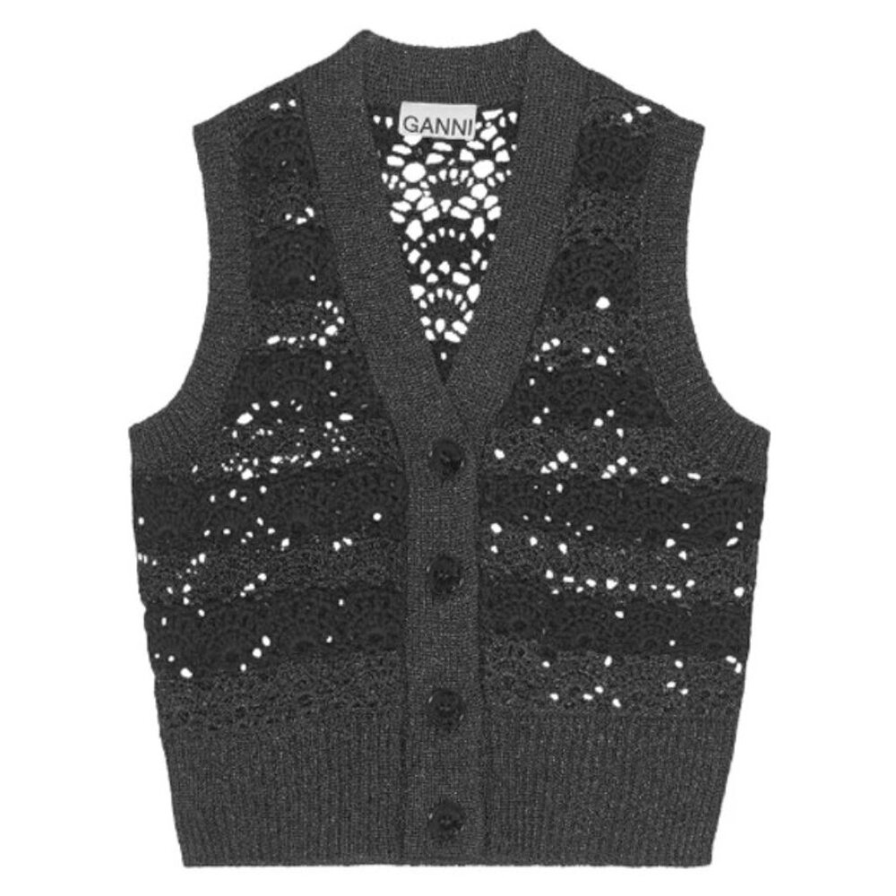 Ganni Black & Navy Stripe Metallic Crochet Vest NWT